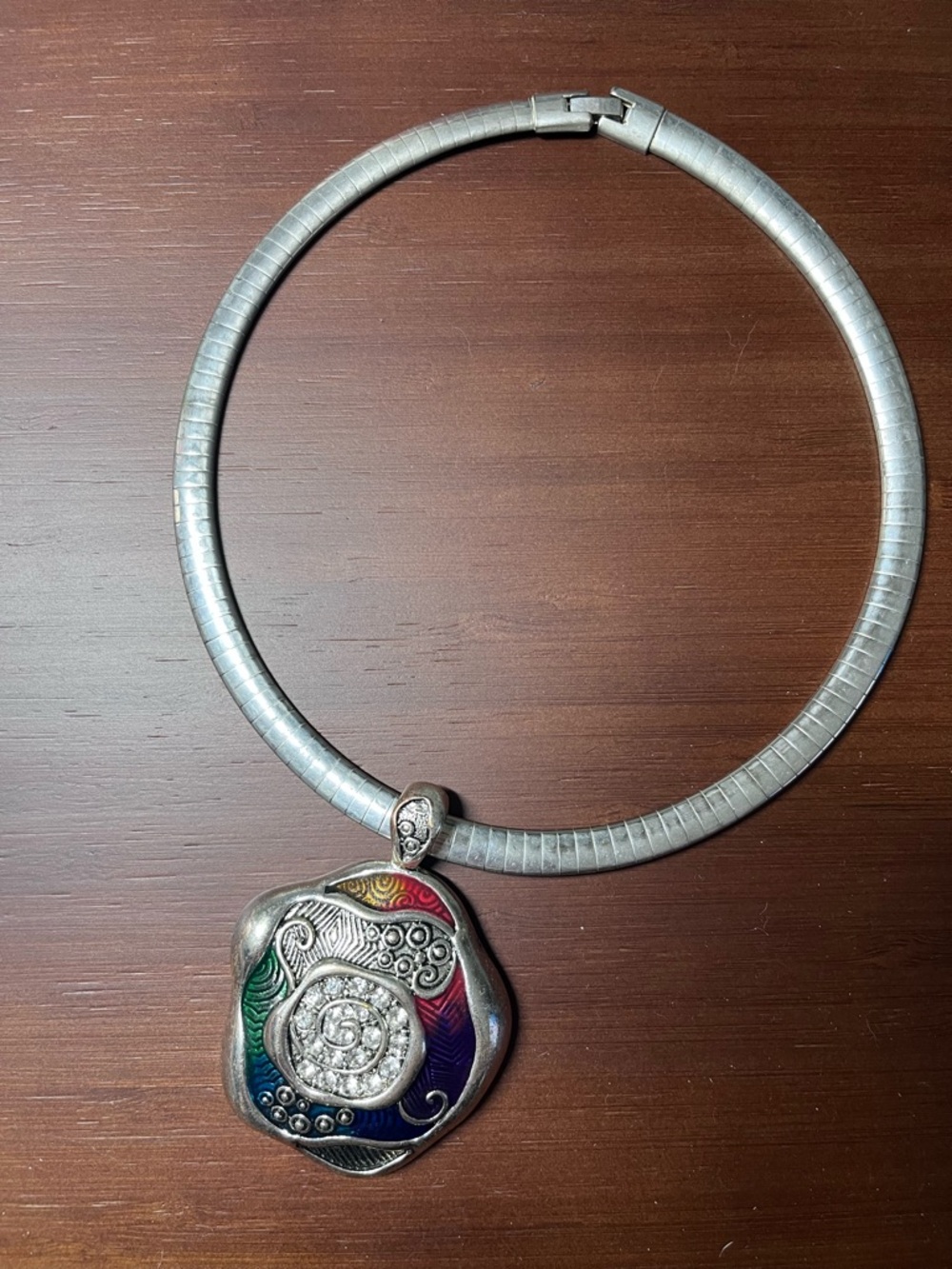 Vintage Silver tone Omega Choker Enamel Rhinestone Pendant